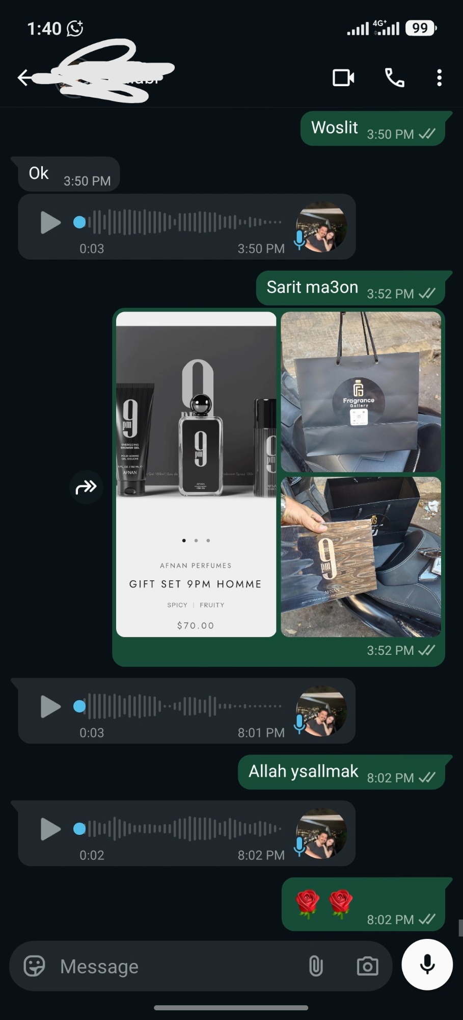 WhatsApp review — Afnan 9PM Homme gift set delivered in Lebanon