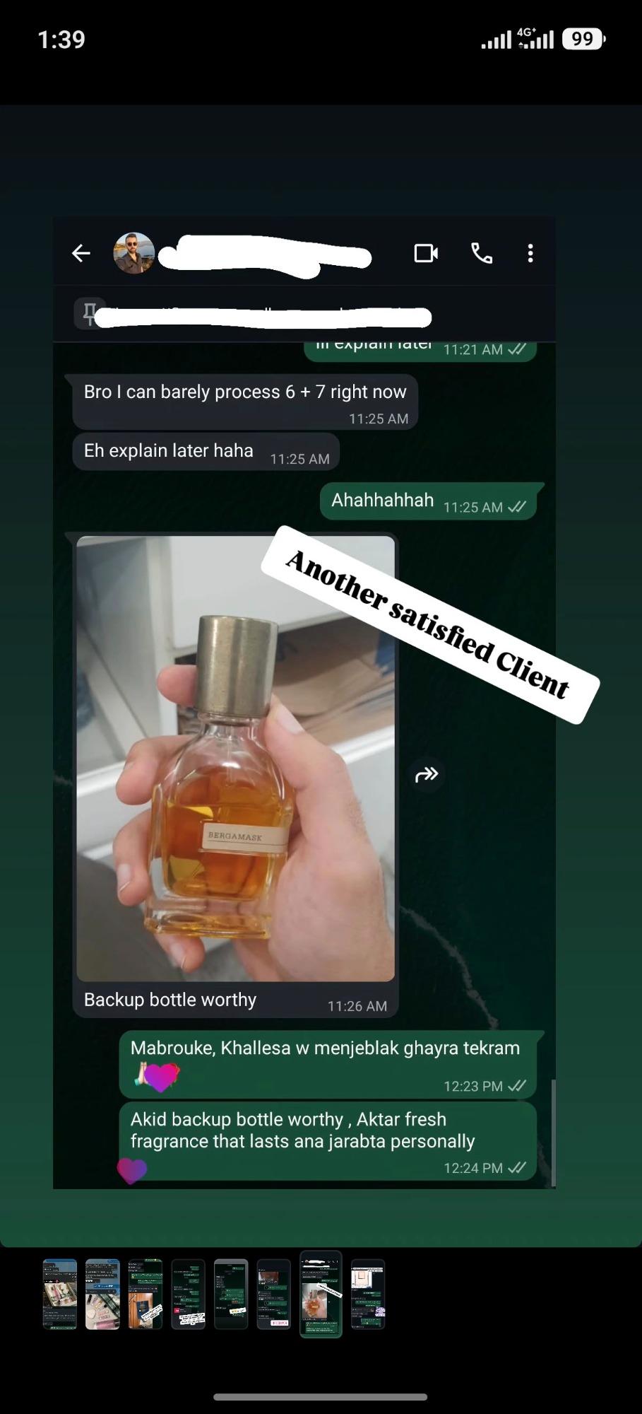 WhatsApp review — client calling Bergamask a backup-bottle fragrance