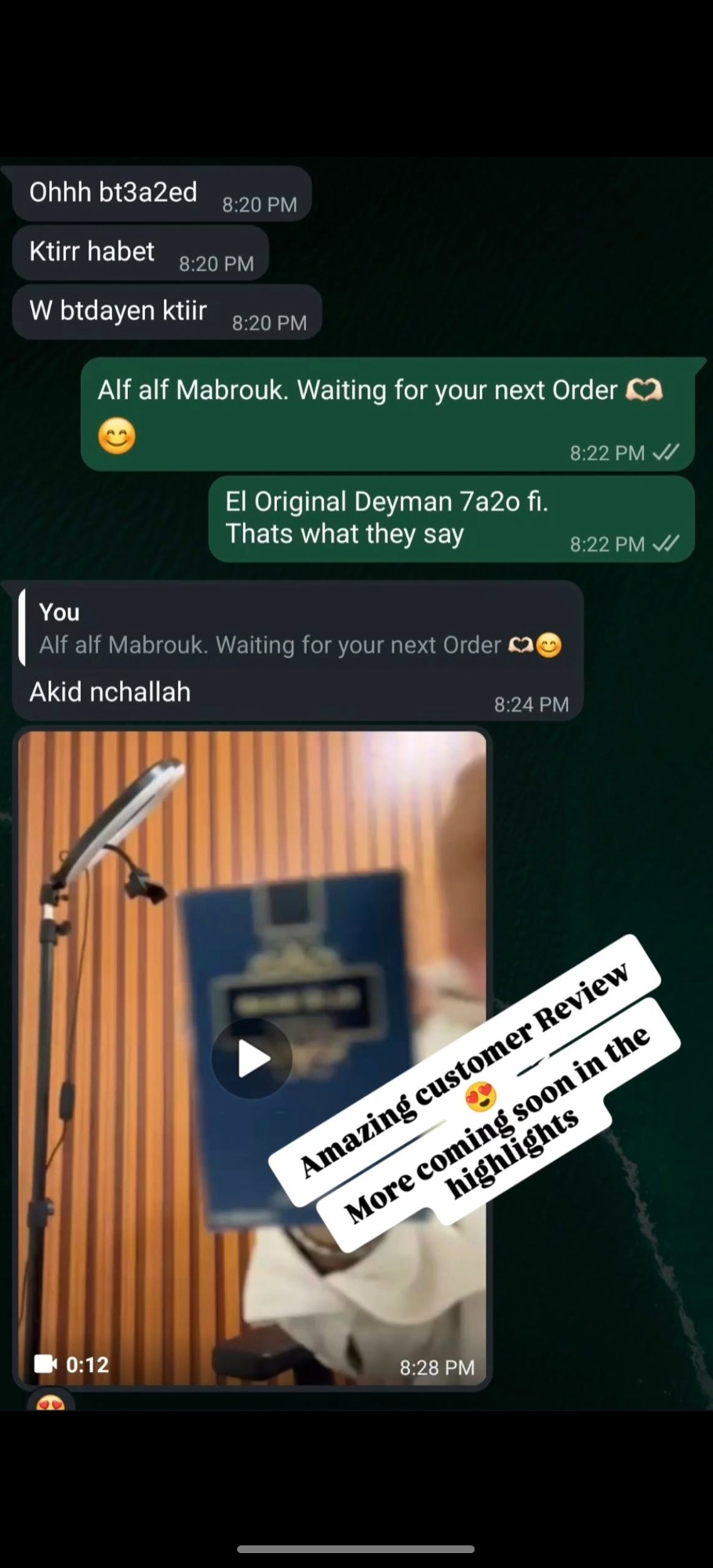 WhatsApp review — client saying the original lasts and they will order again
