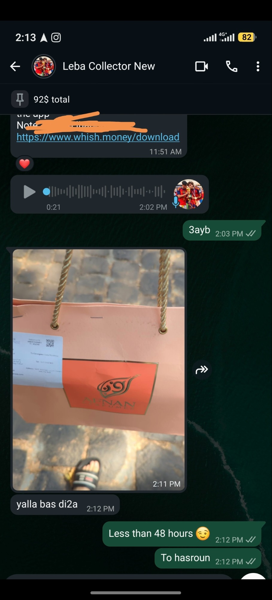 WhatsApp review — Afnan order delivered to Hasroun in under 48 hours