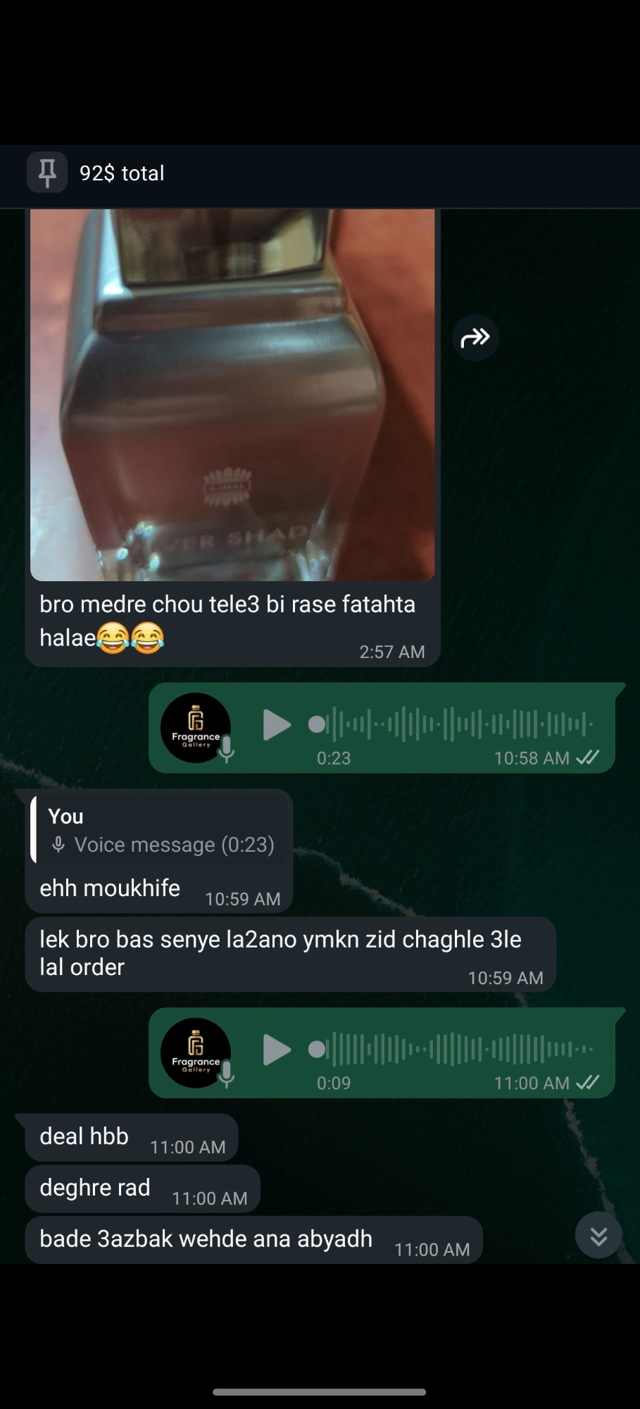 WhatsApp review — client reacting to strong projection on an Amouage bottle